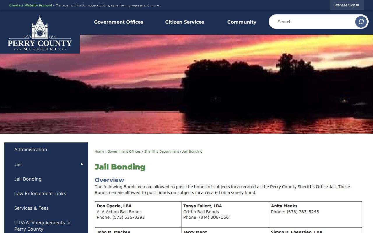 Official Perry County Jail Bonding page stating no formal bond schedule