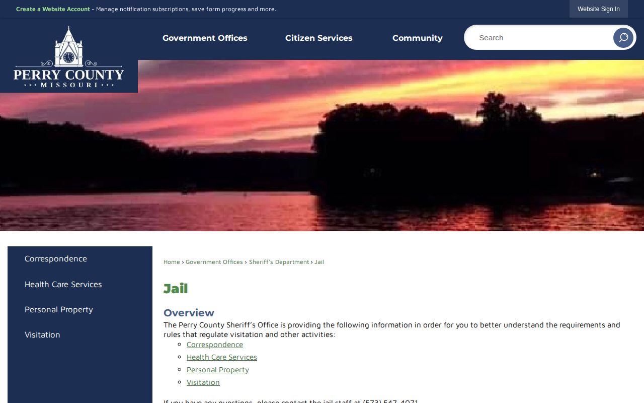Official Perry County Jail information page without a public inmate roster