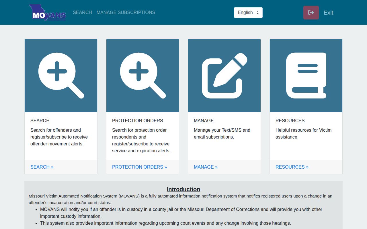 Missouri MOVANS local jail custody notification registration screen
