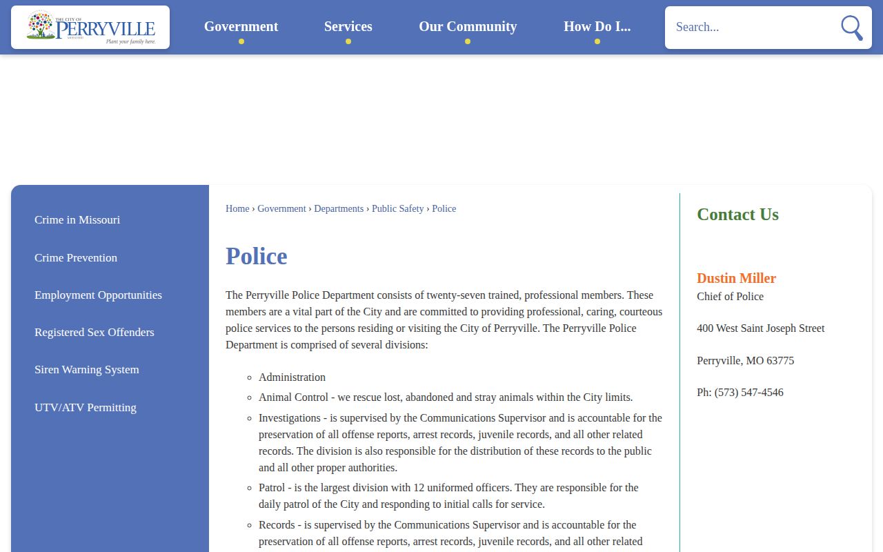Official Perryville Police Department page with contact and records information