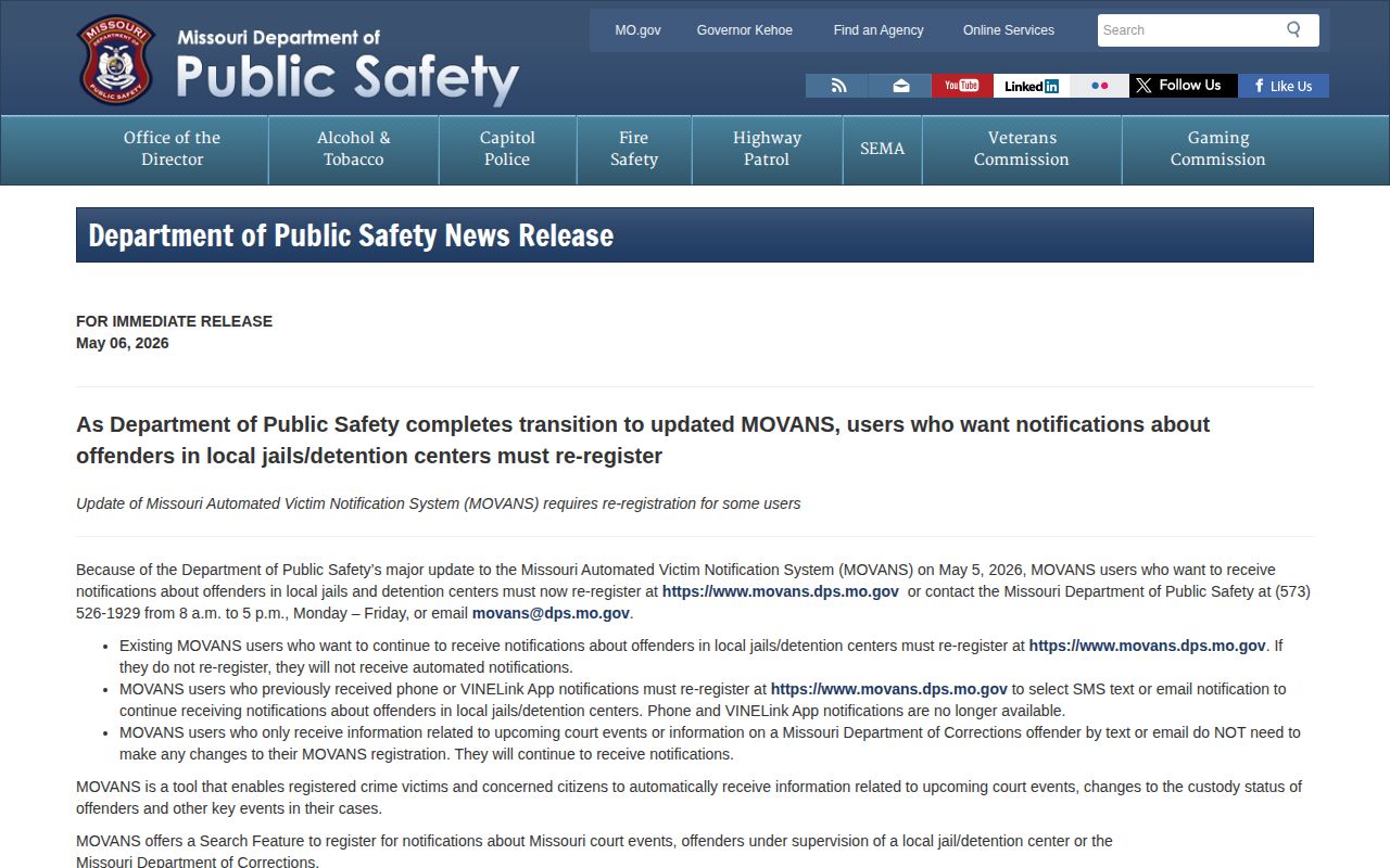 Missouri DPS notice about the 2026 MOVANS local jail transition