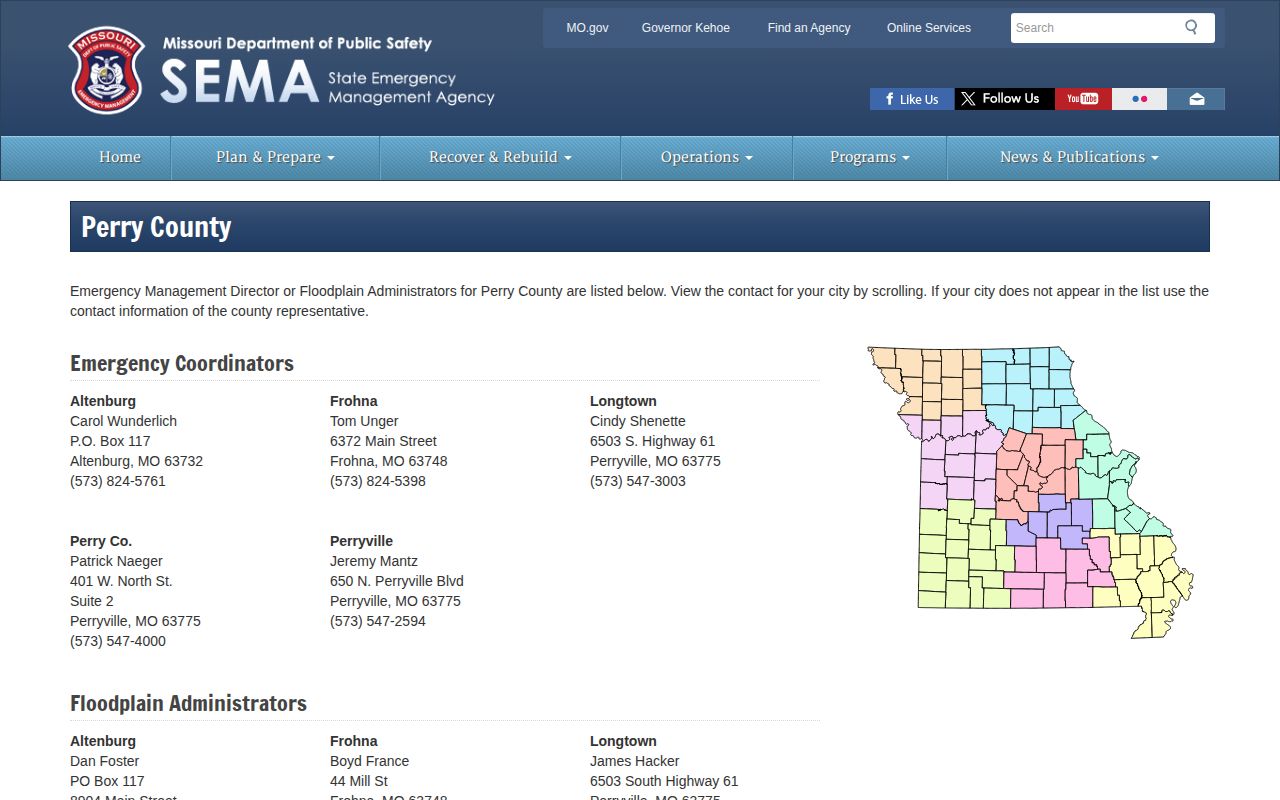 Missouri SEMA Perry County page with Frohna emergency coordination information