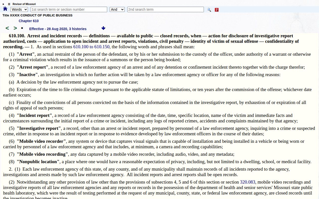 Missouri Revised Statutes section 610.100 on arrest report access