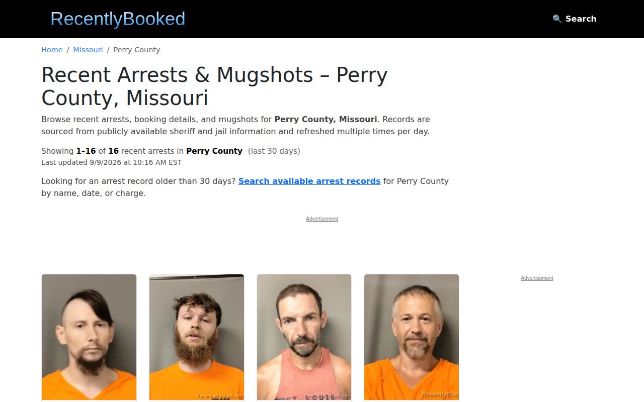 RecentlyBooked Perry County secondary booking index page